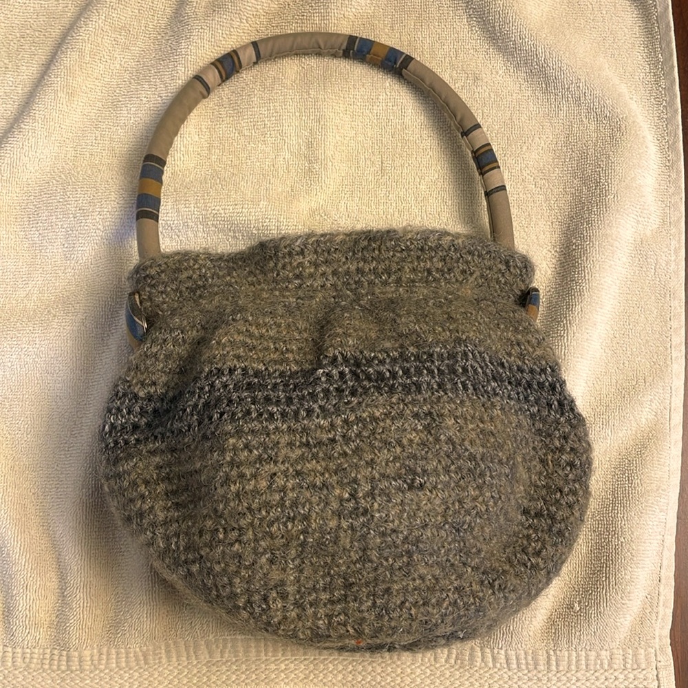 Hand knit purse by Outburst Designs gray and blue lined.  NEW
